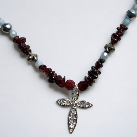 Vintage Jewelry - Vintage Garnet and moonstone cross necklace